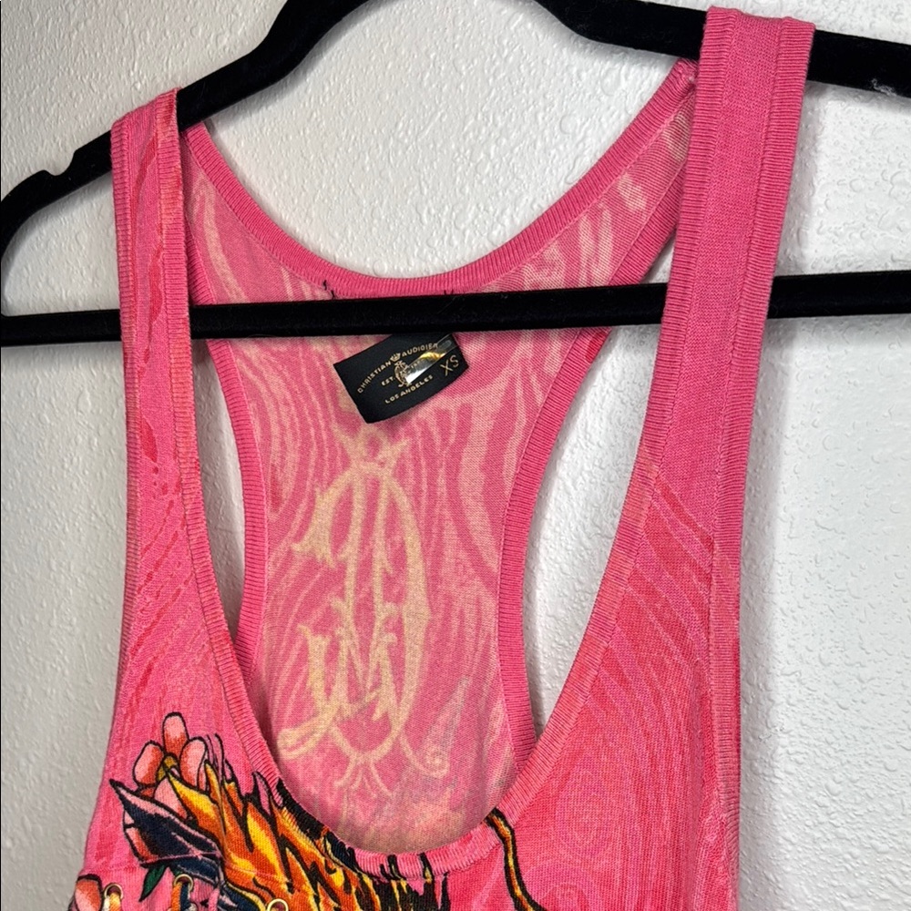 Christian Audigier Pink Tank Sweater Dress w Graphic Design Fringe‎ Y2K - Picture 4 of 17